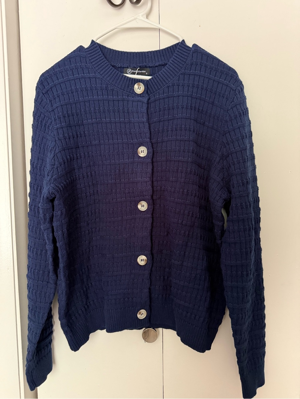 Navy Waffle-Knit Button Front Sweater